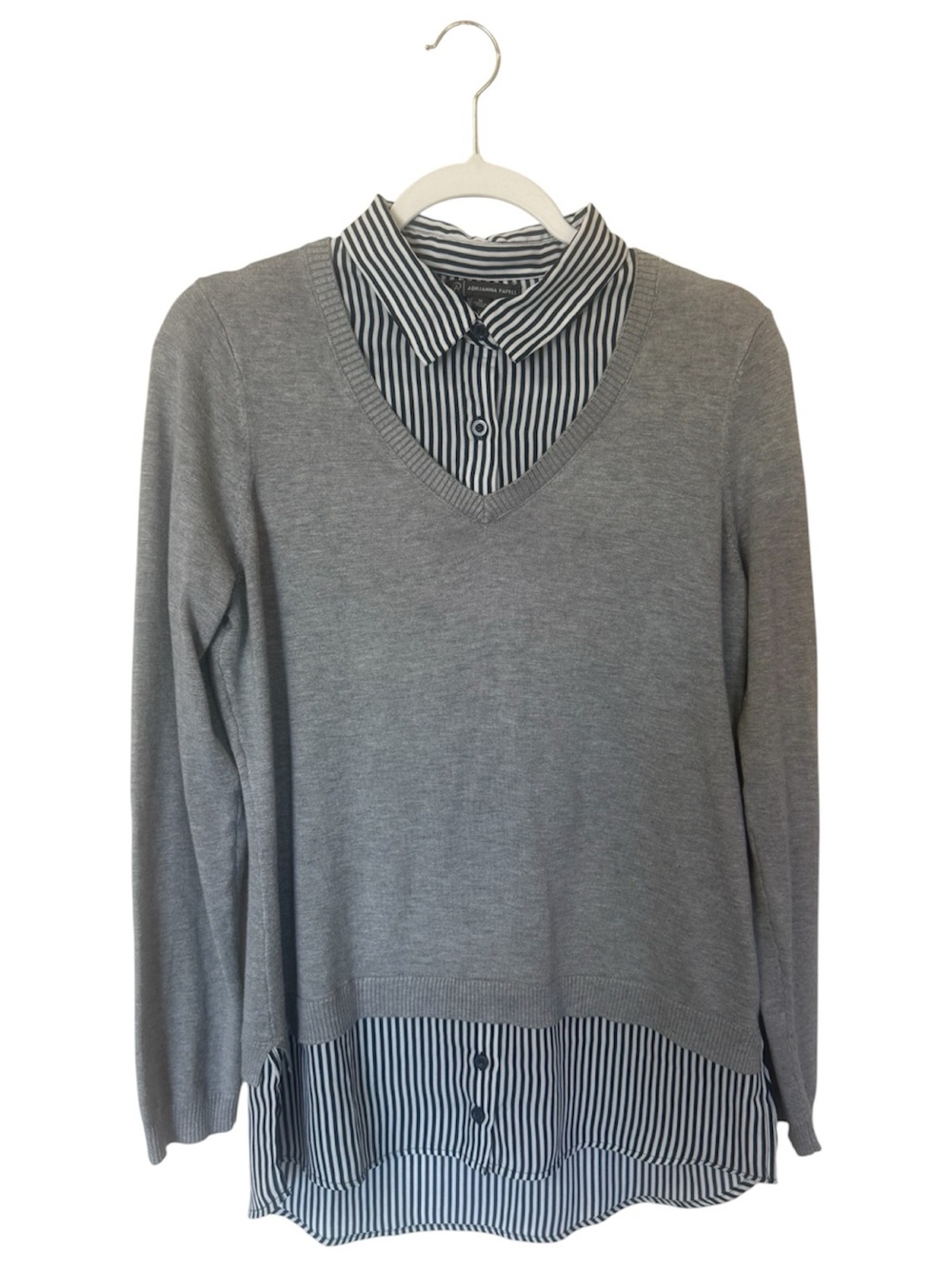 Adrianna Papell Women’s Gray Striped 2-in-1 Layered Sweater Top M